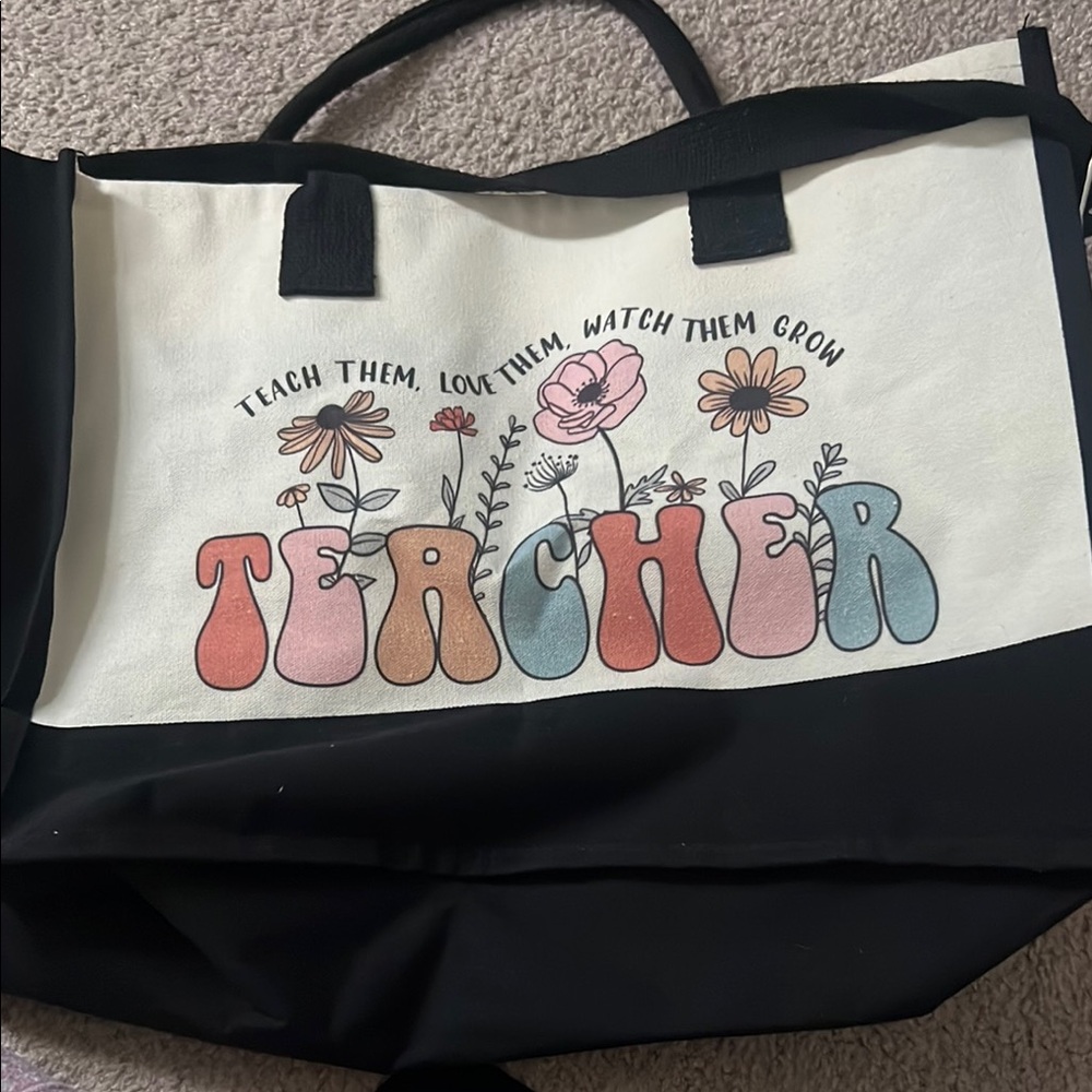 Floral Teacher Tote Bag - Black and Cream